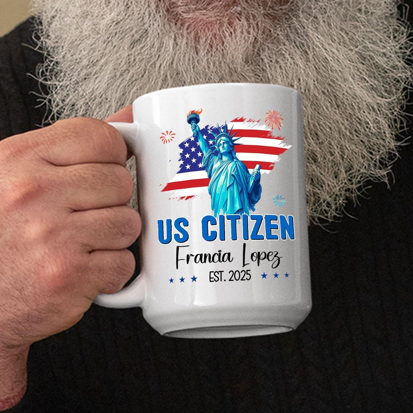 Personalized US Citizen Ceramic Coffee Mug 11Oz 15Oz, New American Citizen Naturalized and Caffeinated White Cup Gift, Customized Year & Name USA Citizenship Coffee Cup, American Flag Travel Teacup