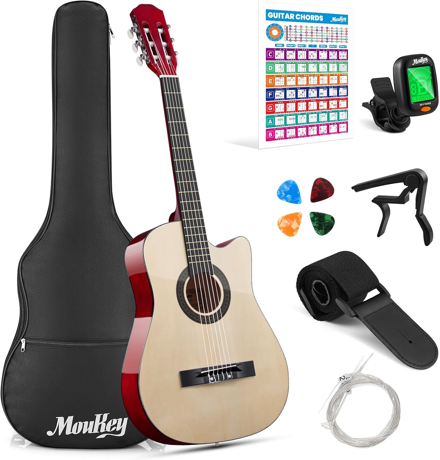 Moukey 38" Acoustic Guitar for Beginners Kids Youth Adult Cutaway Guitarra Acustica Kit with Chord Poster, Gig Bag, Tuner, Picks, Nylon Strings, Capo, Strap - Natural