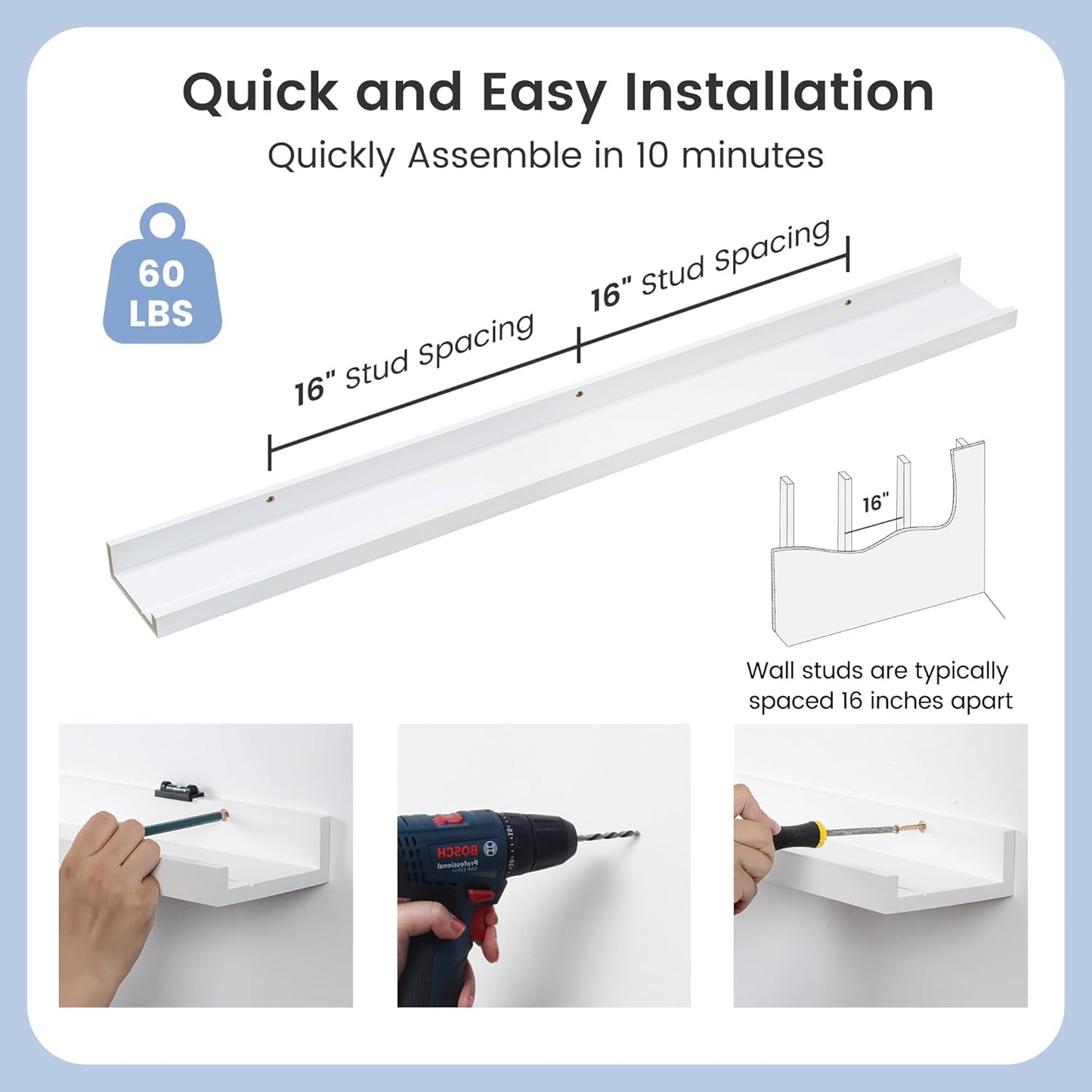 Picture Ledge Shelf for Wall, 48 inch Solid Pine Wood Nursery Book Shelves 2 Packs, Floating Ledge Shelves for Kids' Room Bedroom Bathroom Living Room Photo Frames Office Nursey Wall Decor, White