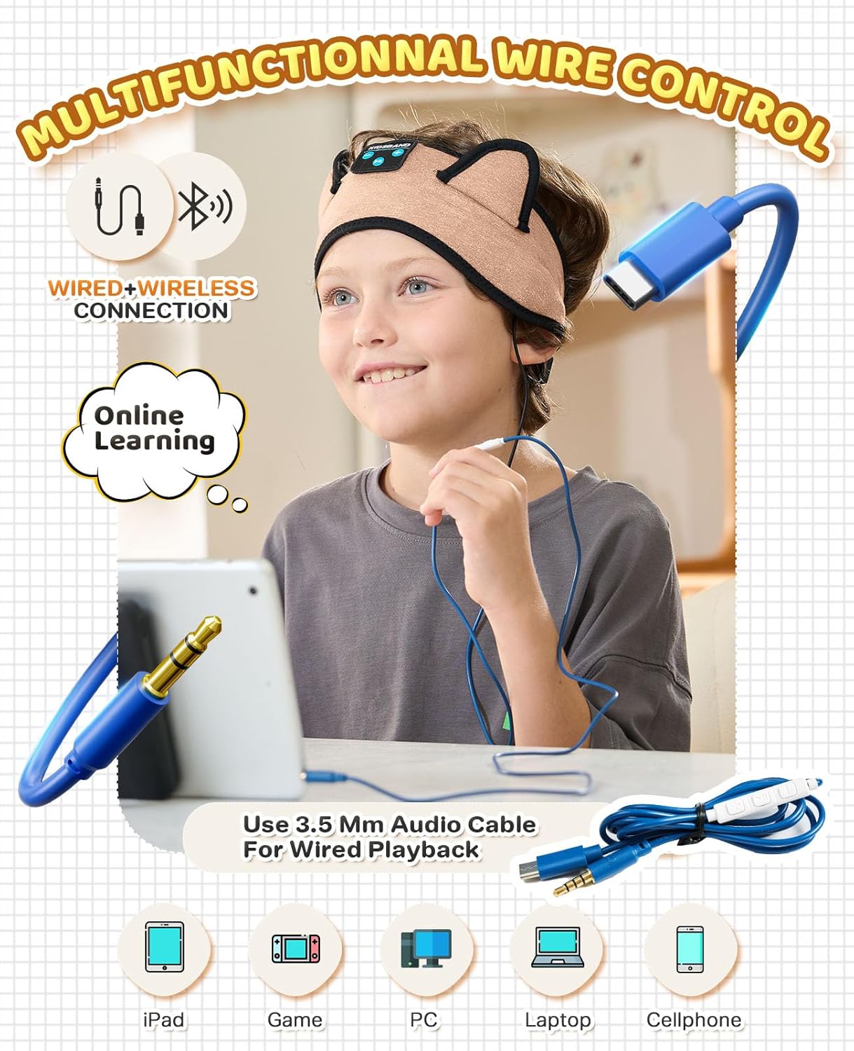 KIDSBAND Kids Headphones, Over On The Ear Toddler/Baby Headband Headphones - Volume Limited with Thin Speakers & Soft Headband No Pressure On Ears, for Learning/Plane/Travel/Tablet/Computer/Sleep