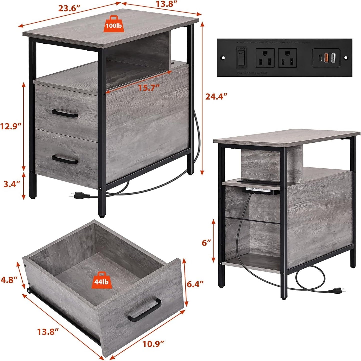 Side Table, Gray End Tables with Charging Station, Narrow End Table with Wooden Drawers, USB Ports and Power Outlets, Nightstand and Bedside Table, Side Table Living Room, Bedroom