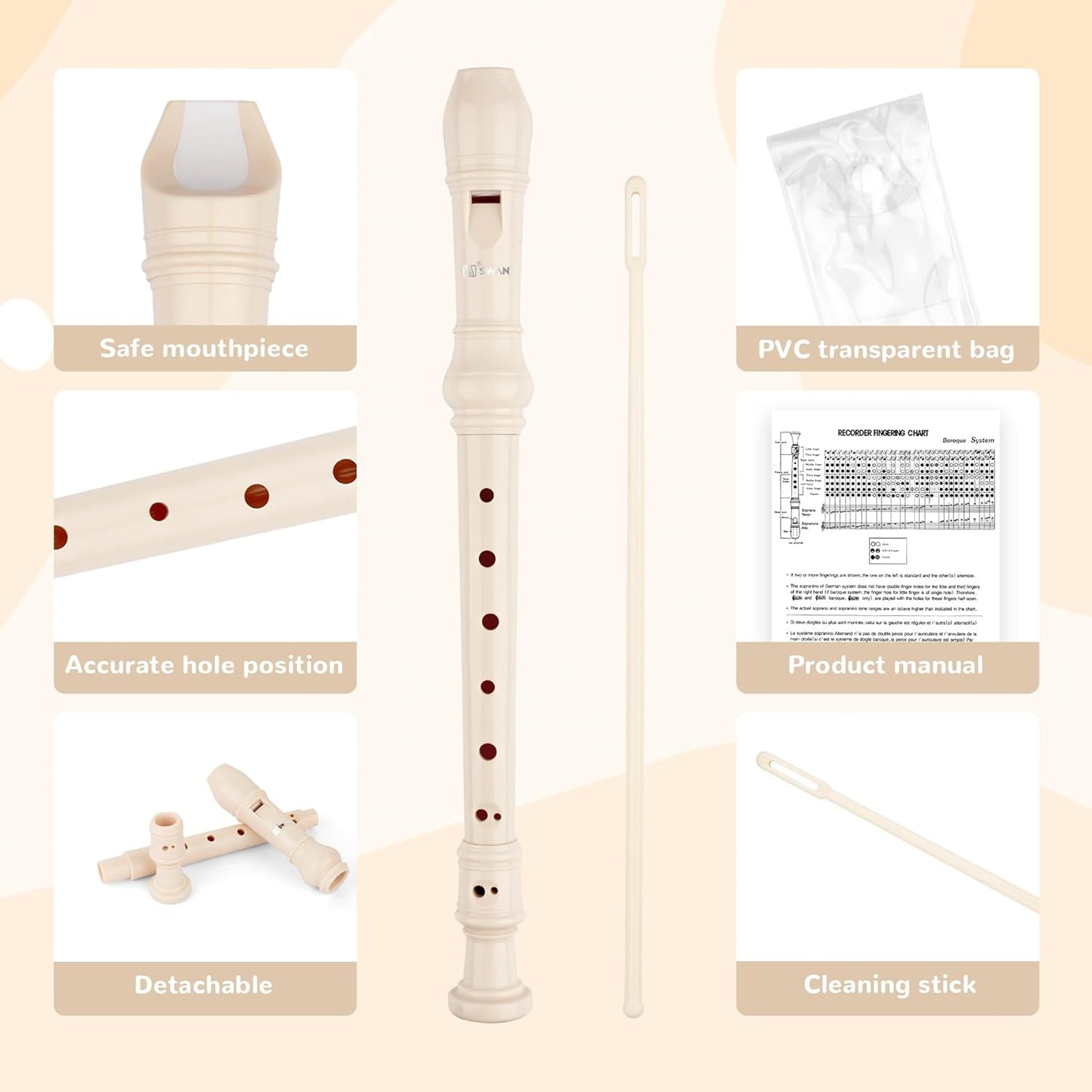SWAN Soprano Recorder Instrument for Beginners Student - Baroque Style 8 Hole Flute Detachable 3pcs Descant Recorder with Cleaning Rod and Fingering Chart for Kids over 6 Years Old, Beige