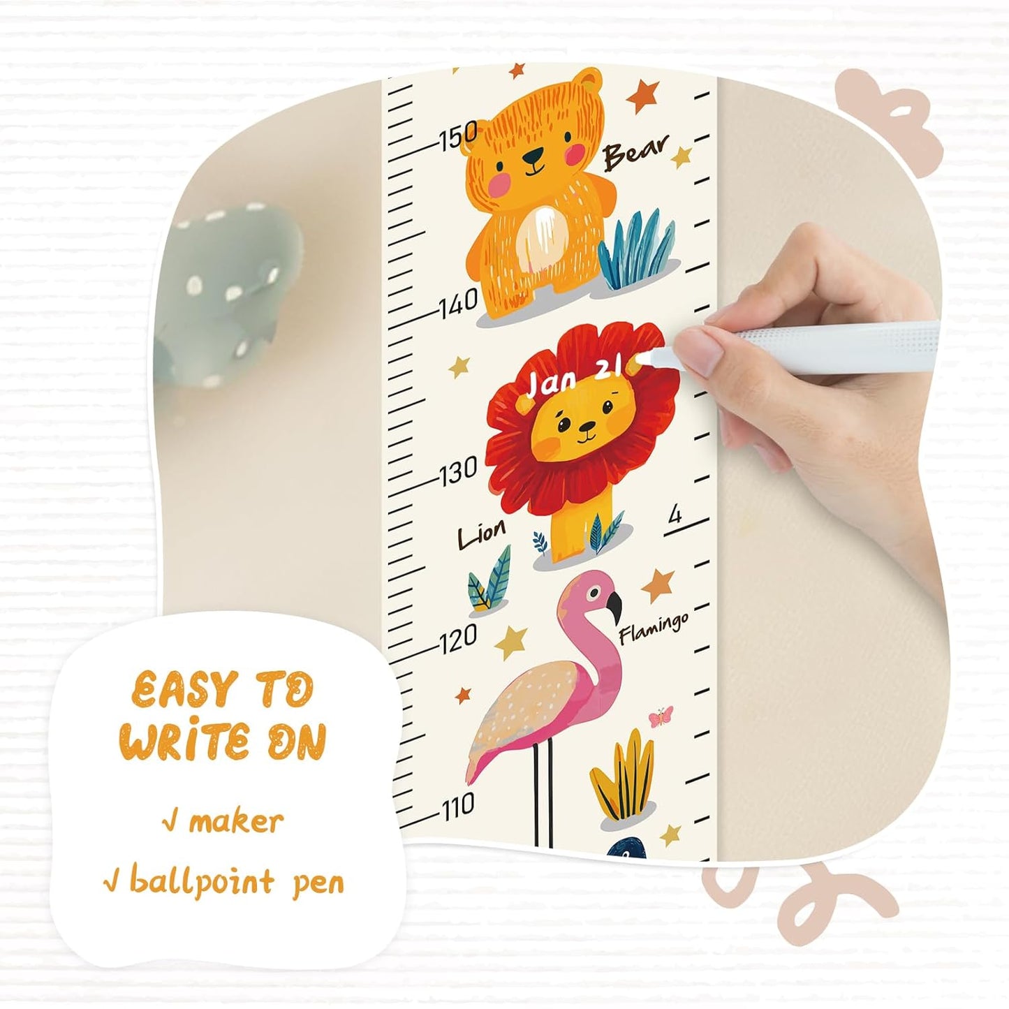 Personalized Name Growth Chart Wall Decor for Kids – Canvas Removable Height Chart Measuring Ruler 59" x 7.9" （Animals）