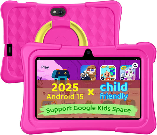 Kids Tablet, 7 inch Android 15 Tablet for Kids, 8GB+32GB 1TB Expand, Quad-Core Toddler Tablets with Shockproof Case, BT5.0, WiFi 5, Parental Control, Games, Dual Camera (Rose)