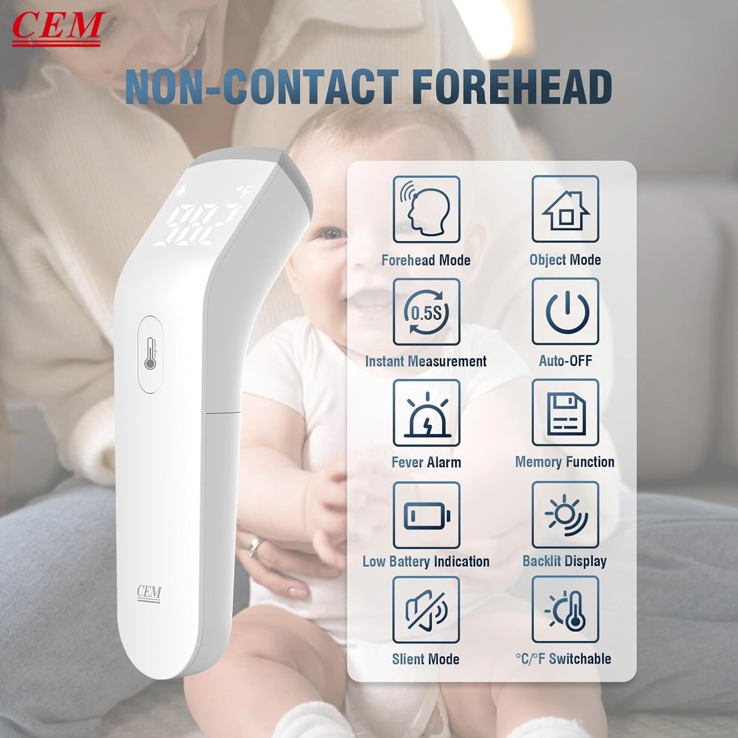 CEM DT-8807S FDA CE Digital Thermometer for Adults and Kids, No Touch Forehead Thermometer for Baby, 2 in 1 Body Surface Mode Infrared Temperature Gun with Fever Alarm and Instant Accuracy Readings