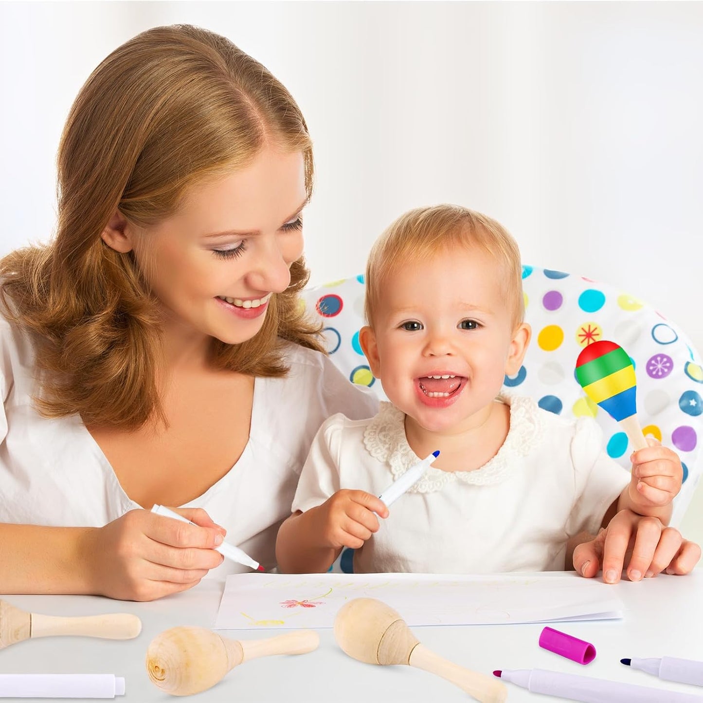 40Pcs DIY Wooden Maracas for Kids, Mini Maracas for Mexican Fiesta Party Favors with 24Pcs Multicolor Pens, Cinco De Mayo Party Supplies