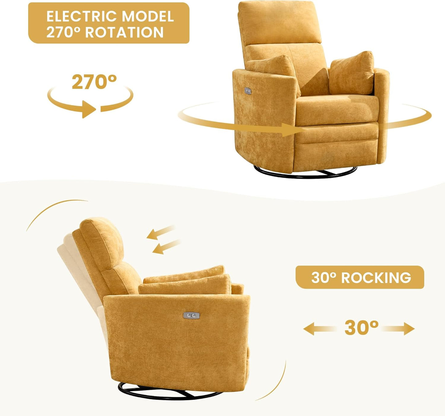 Recliner Swivel Glider Electric Rocking Chair with USB Port,Multifunction Power Recliner Living Room Bedroom with Upholstered Nursery Chair Adult Rocking Chair with 2 Pillows (Yellow, Power-Driven)