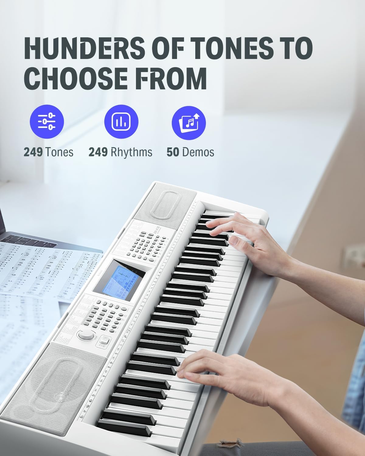 Donner Keyboard Piano 61 Key, Electric Keyboard Kit with 249 Voices, 249 Rhythms - Includes Piano Stand, Stool, Microphone, Gift for Beginners, White(DEK-610S)