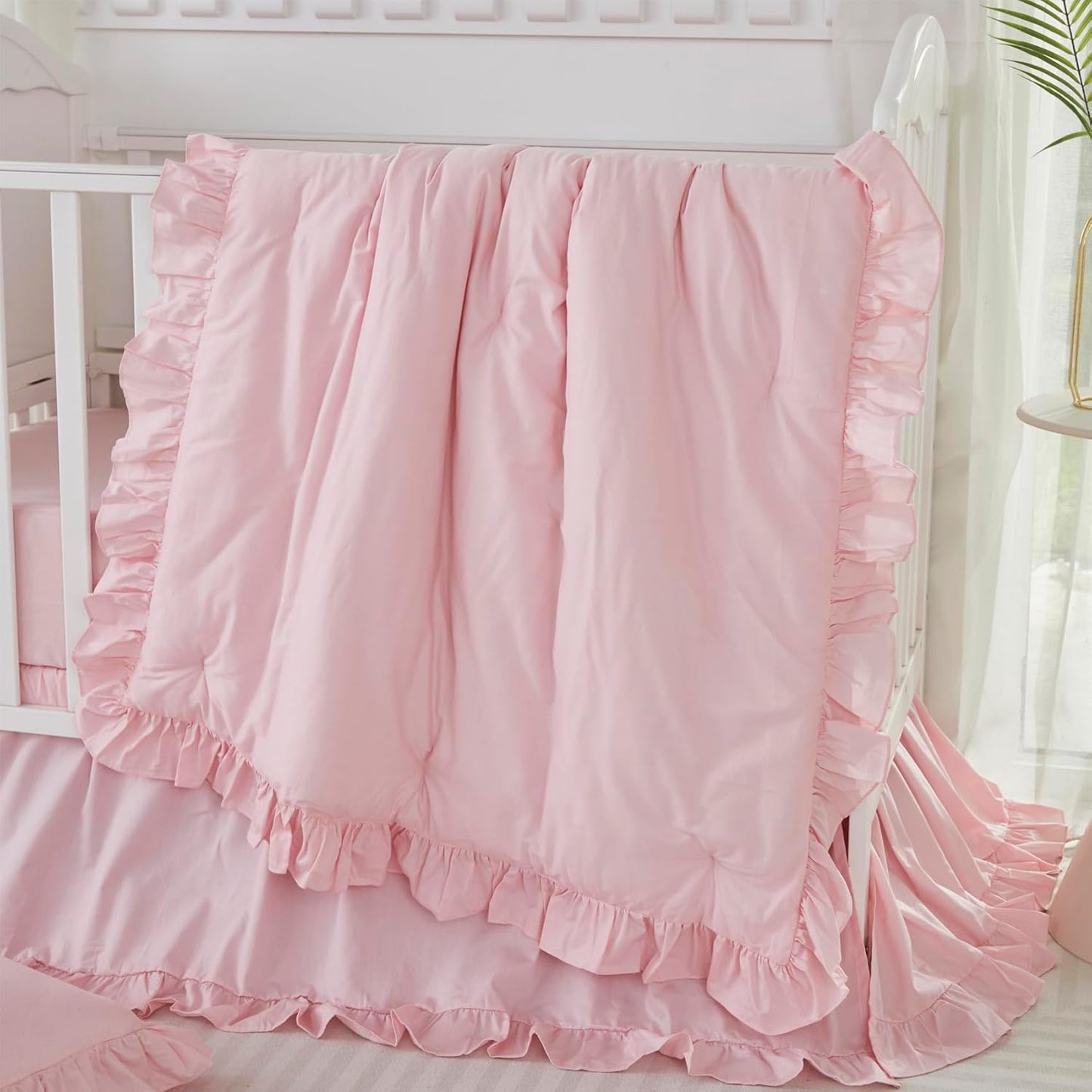 Brandream Farmhouse Crib Bedding Sets for Girls and Boys | 3 Piece Nursery Set Pink Ruffles | Baby Comforter, Fitted Crib Sheet, Crib Skirt Included,100% Cotton Percale