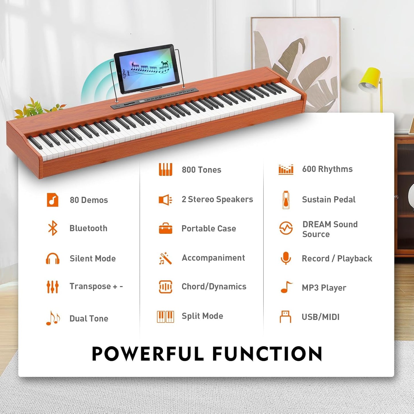 MUSTAR Digital Piano 88 Weighted Keys with Stand Touch Sensitivity, 88 Key Semi Weighted Keyboard Piano Portable Electric Piano for Beginners, Dual Stereo Speakers, Case, Sustain Pedal (Brown-MDF)