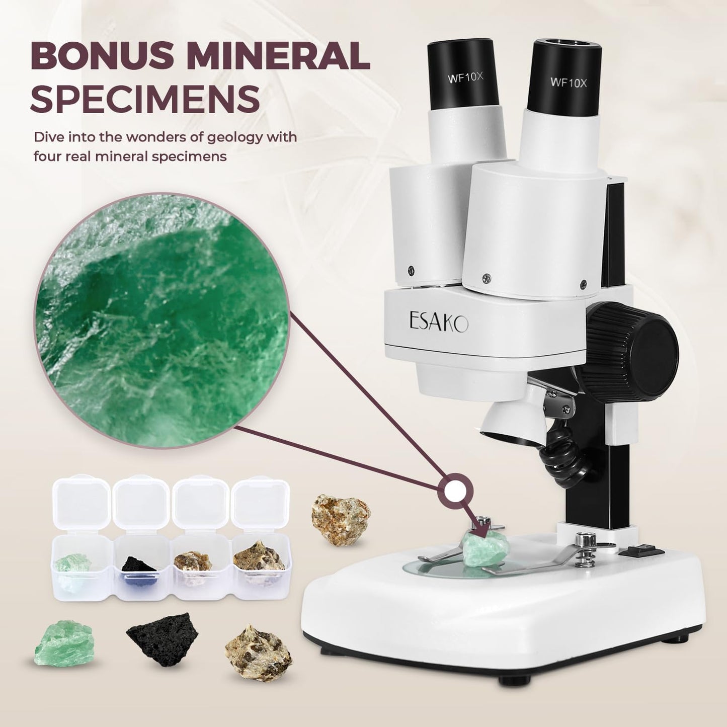 ESAKO Dual LED Kids Microscope - 52+ Piece Science Kit with Mineral & Insect Specimens, 10 Prepared Slides & 10 DIY Blank Slides, Microscope kit for Kids 8-12