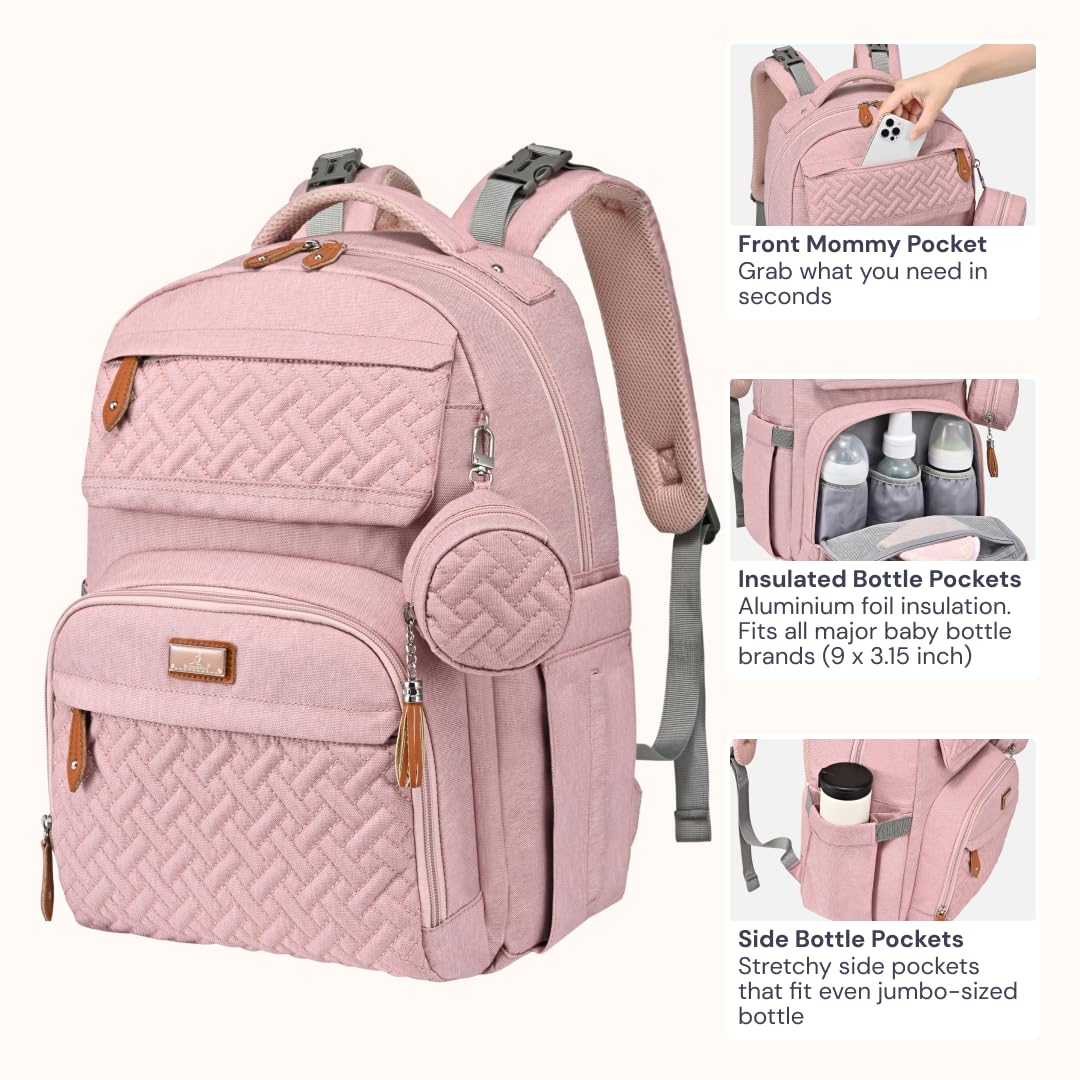 BabbleRoo Diaper Bag Backpack, Travel Backpack with Changing Pad, Pacifier Case & Stroller Straps, Multifunction, Waterproof, Unisex – Pink
