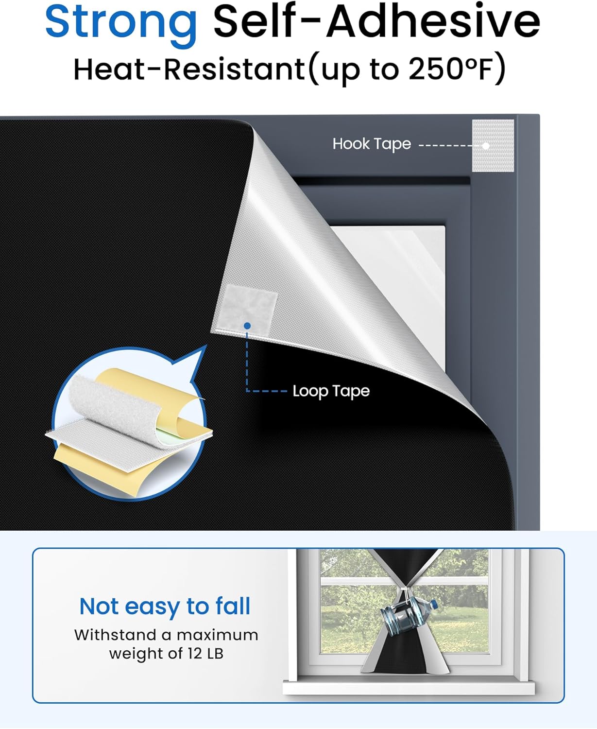 Sumobaby Blackout Curtains for Bedroom Portable 34"x72",No Drill Blackout Shades with Upgraded Hook&Loop Tapes,100% Black Out Window Cover,Thermal Insulated Blinds for Bedroom,Nursery(1 Panel,Black)