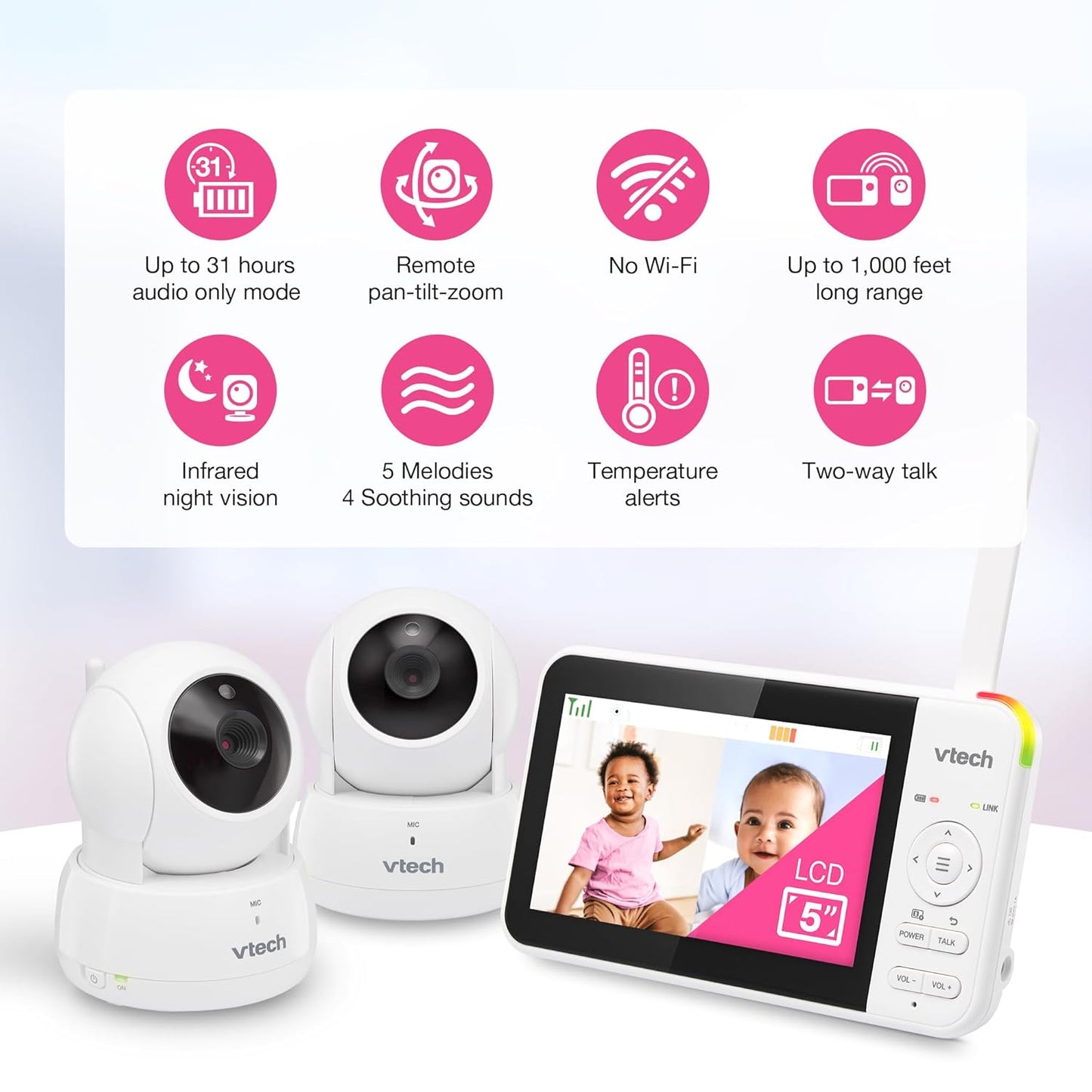 VTech VM924-2 Remote Pan-Tilt-Zoom Baby Monitor with 2 Cameras & Audio,5" LCD Screen,Up to 17Hrs Video Streaming&31Hrs Battery for Audio,Night Vision,1000ft Range,Soothing Sounds,Temperature Sensor