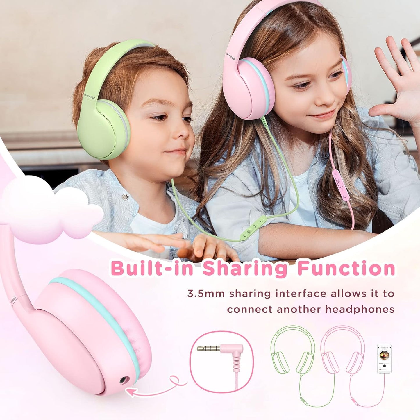 Kids Headphones Wired with Microphone, Over Ear 85/94dB Volume Limited Headphones with Share Port, Stereo Sound Foldable Headset for Teens/Boys/Girls - Pink
