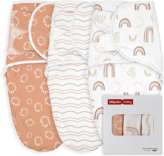 GLLQUEN BABY Swaddles for Newborn - 3 Pack Swaddle 0-3 Months, for Newborn Baby Boys and Girls, Soft Swaddle Blanket Wrap, Easy Change, Rainbow & Wave