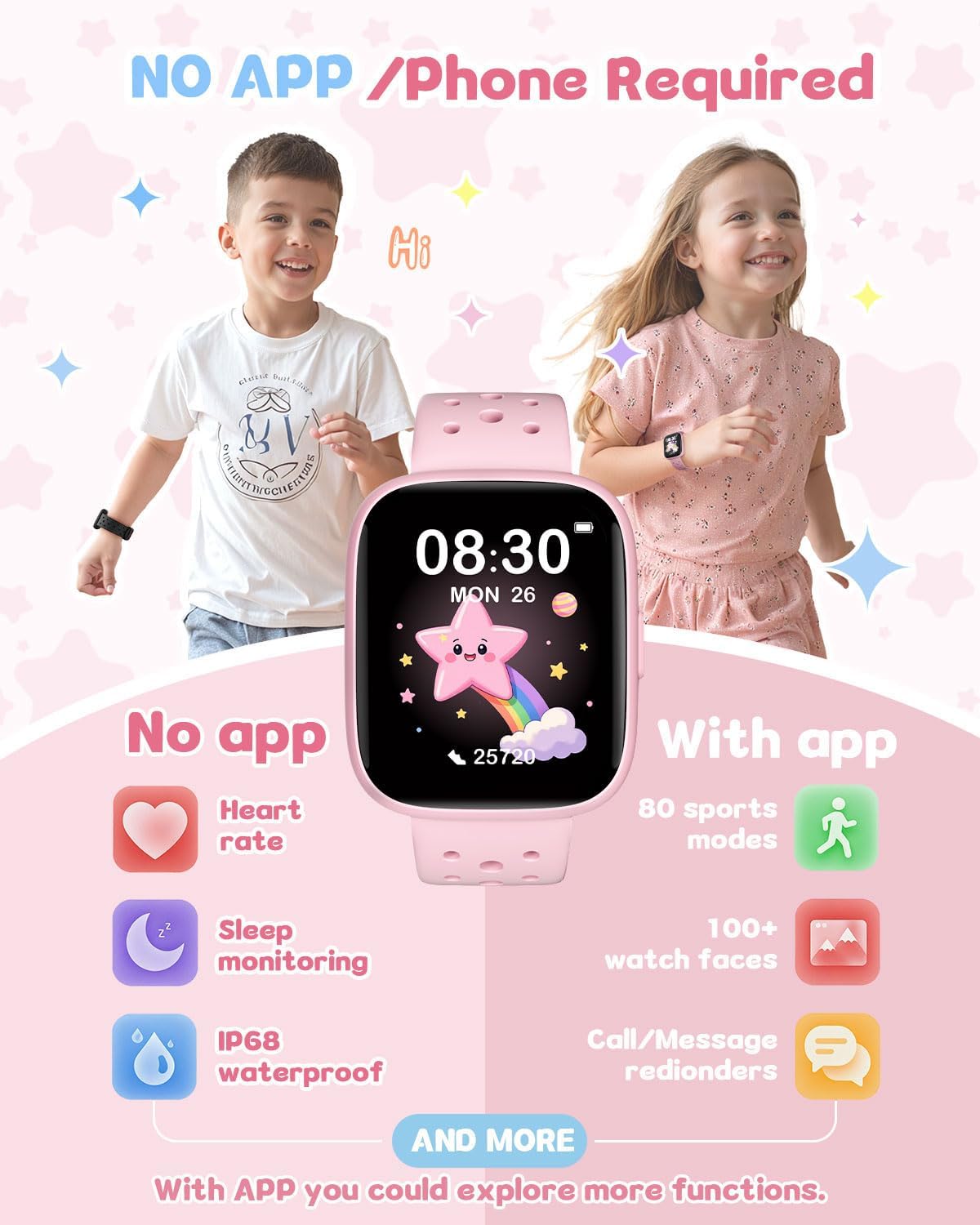 Kids Watch for Girls 5-12, Kids Smart Watch Fitness Tracker Pedometer, No Phone Needed, Puzzle Games with Parental Control, IP68 Waterproof, Heart Rate, Sleep Monitor, Step Counter, 80 Sports