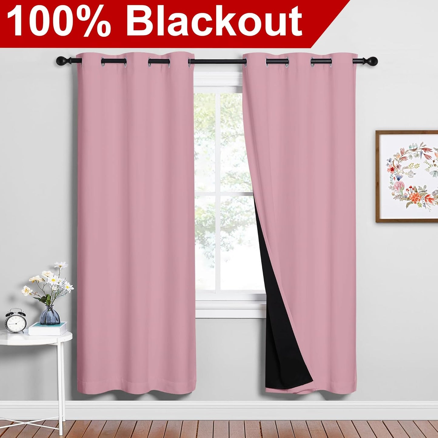 NICETOWN Crystal Pink Full Shade Curtain Panels, Pair of Energy Smart & Noise Blocking Out Blackout Drapes for Dining Room Window, Thermal Insulated Guest Room Lined Window Dressing(42 x 72 inch)