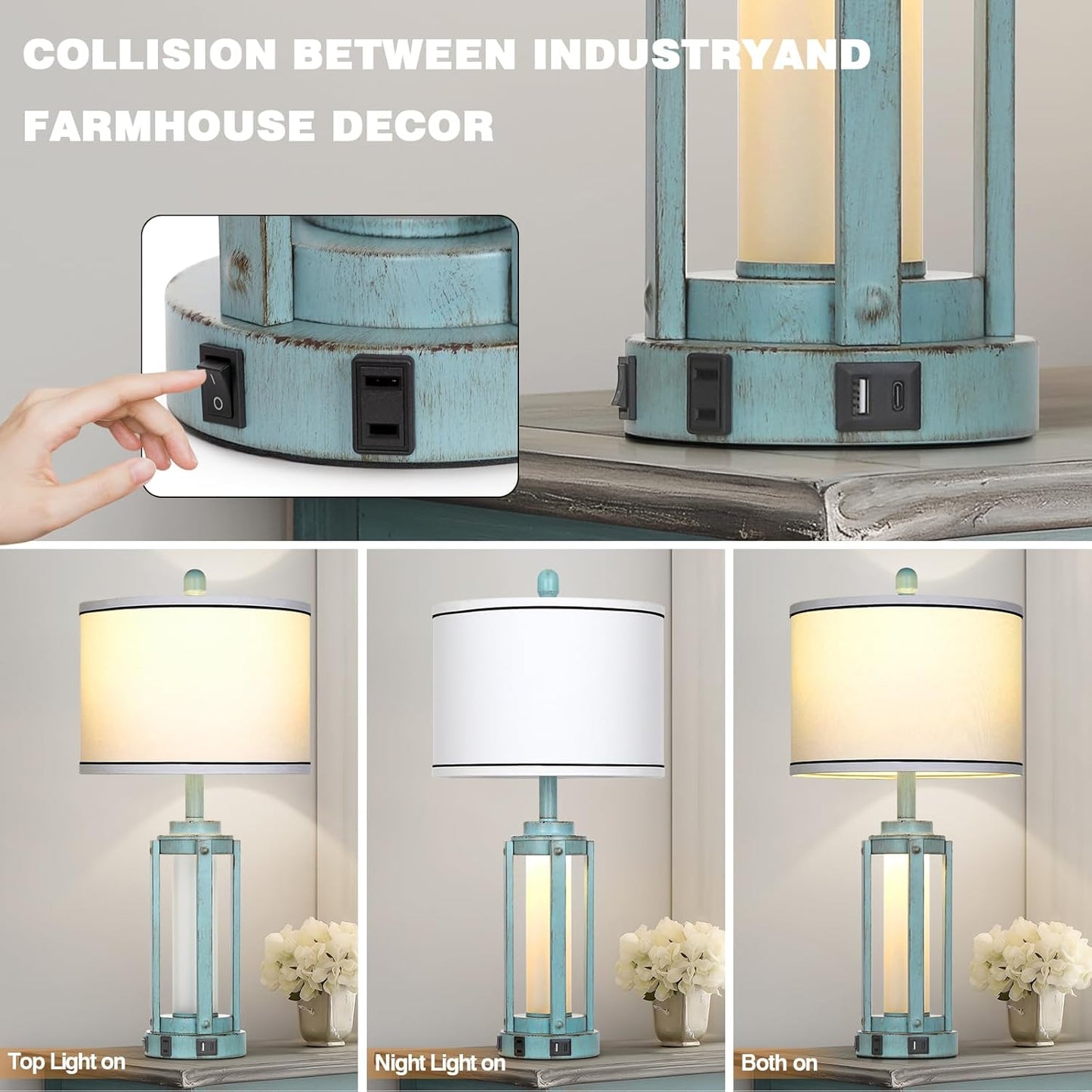 Industrial Farmhouse Table Lamp, 26" Vintage Rustic Beside Lamp with USB A+C Charging Ports & AC Outlet, Nightstand Metal Lamp with LED Night Light & Fabric Shade for Living Room Bedrooms Blue