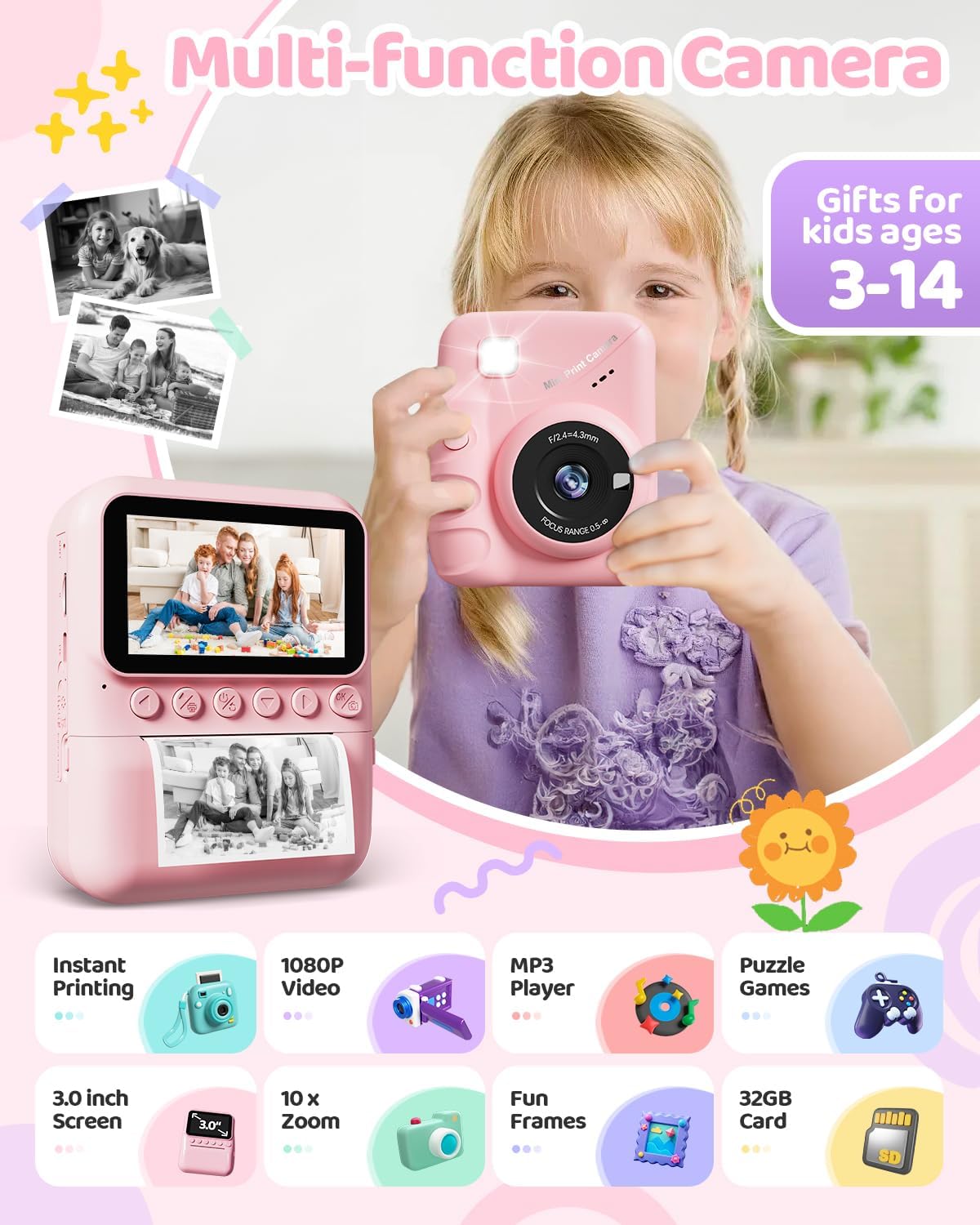 Kids Camera Instant Print for Girls Ages 3-14, 3-inch HD Screen Camera for Kids with Printing Paper, 1080P Digital Toddler Toys for 4 5 6 7 8 9 10 11 12 Years Old (Pink)