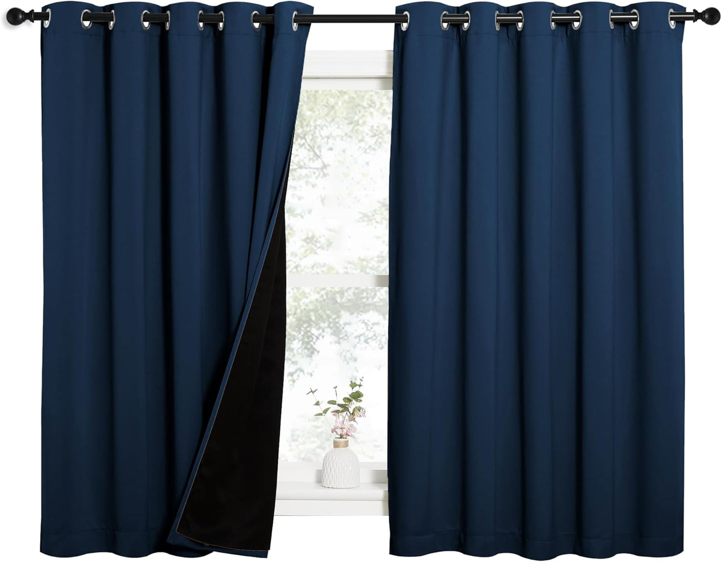 NICETOWN 100% Blackout Curtains with Black Liners, Thermal Insulated Full Blackout 2-Layer Lined Drapes, Energy Efficiency Window Draperies for Bedroom (Moroccan Blue, 2 Panels, 62" W by 63" L)