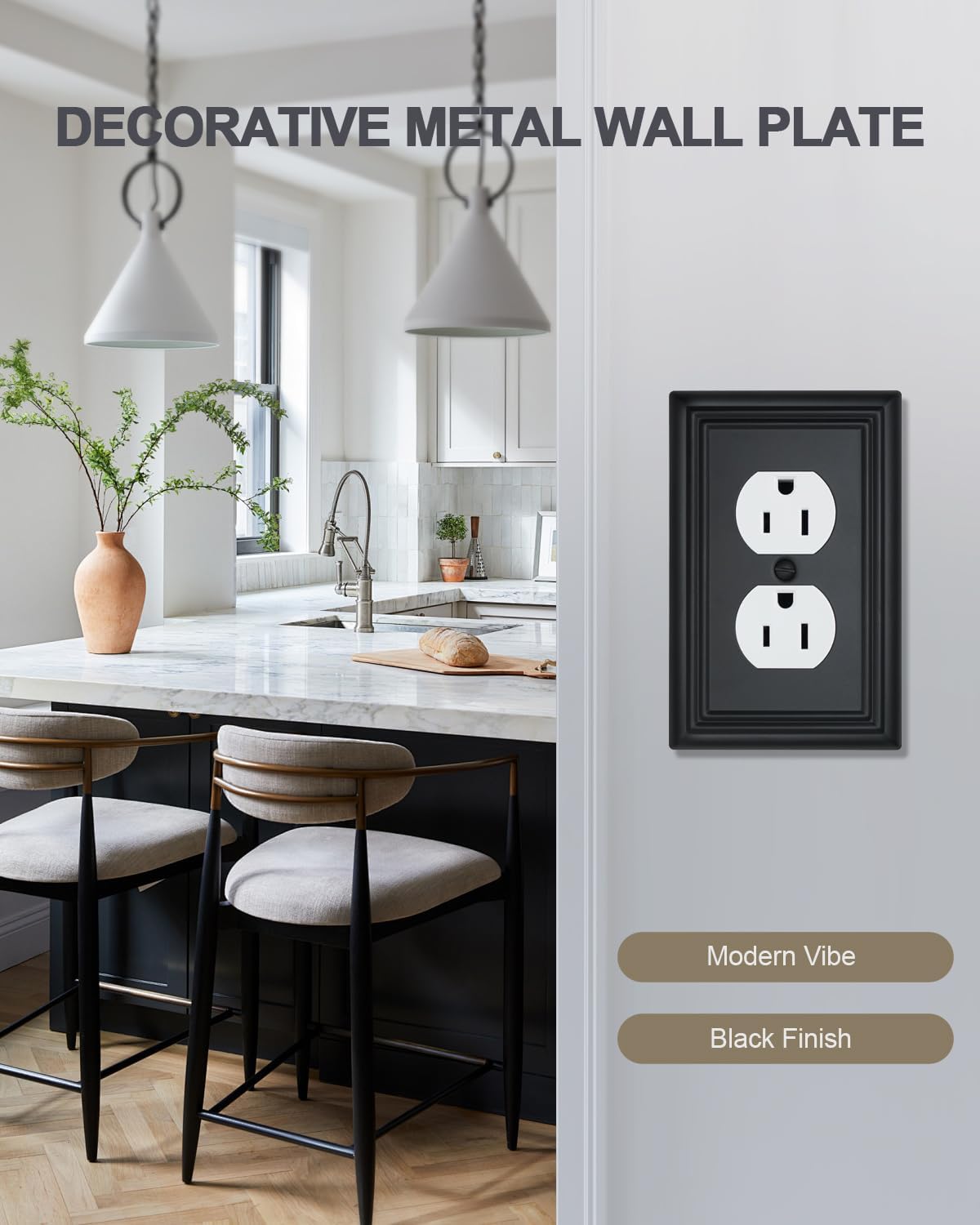 4-Pack Black Outlet Covers, Metal Duplex Wall Plates for Receptacles, Light Switch, Durable Electrical Outlet Cover Plates, 3.15''*4.88'', Midsize