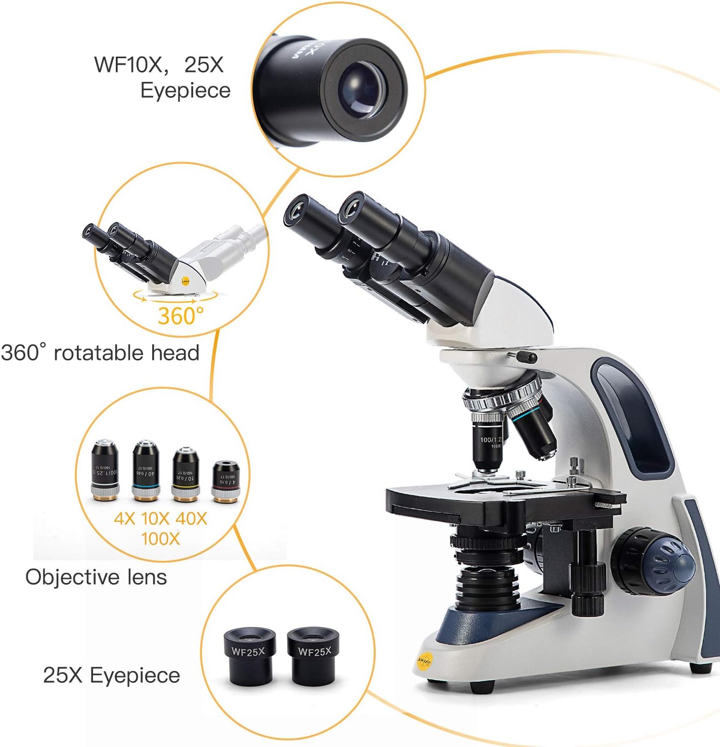 SWIFT SW380B 40X-2500X Magnification, Research-Grade Binocular Compound Lab Microscope, Mechanical Stage, with 5.0 mp Camera and Software Windows/Mac Compatible and 100pcs Blank Slides