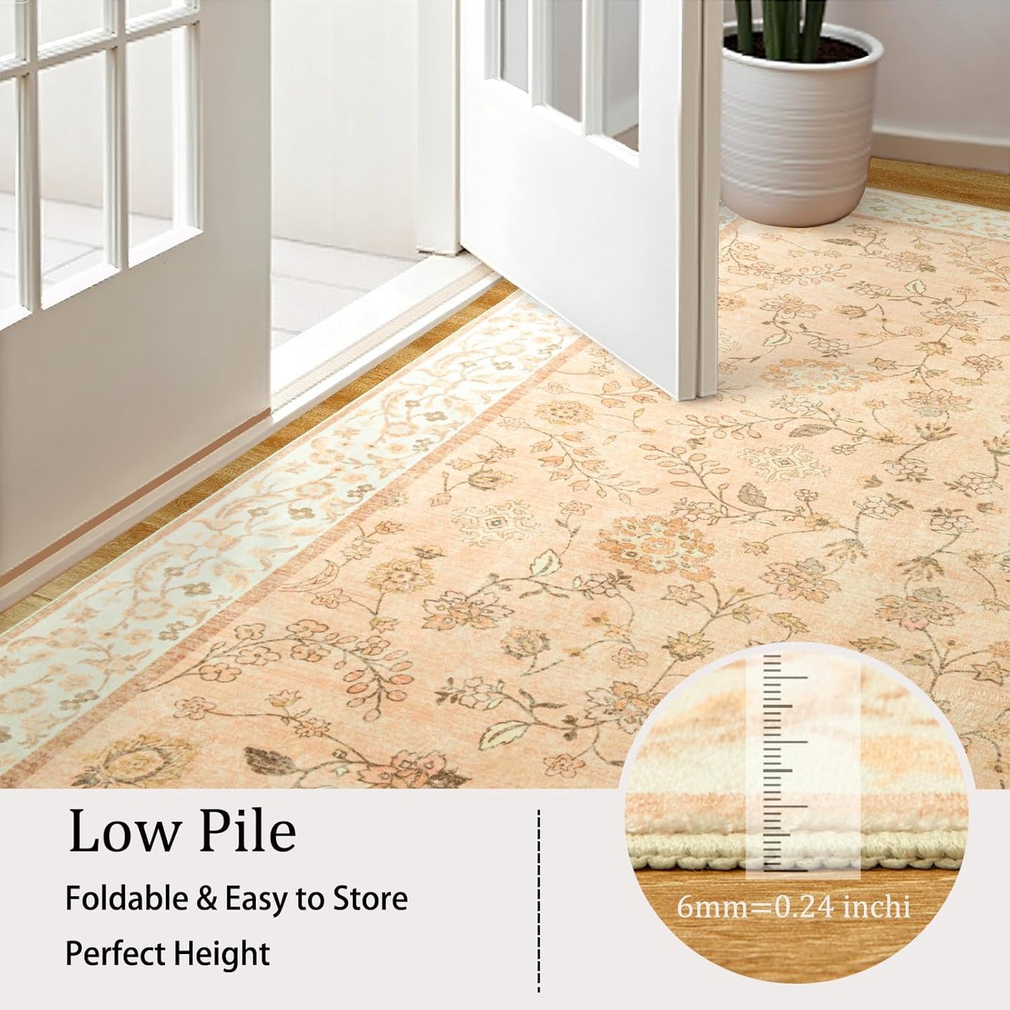 LOCHAS Washable Area Rugs 5x7, Peach Floral Rug for Living Room Bedroom Non Slip, Ultra Soft Vintage Indoor Carpet for Kids, Nursery, Dorm, Dining Room, Classroom, Boho Flower Home Decor, Low-Pile