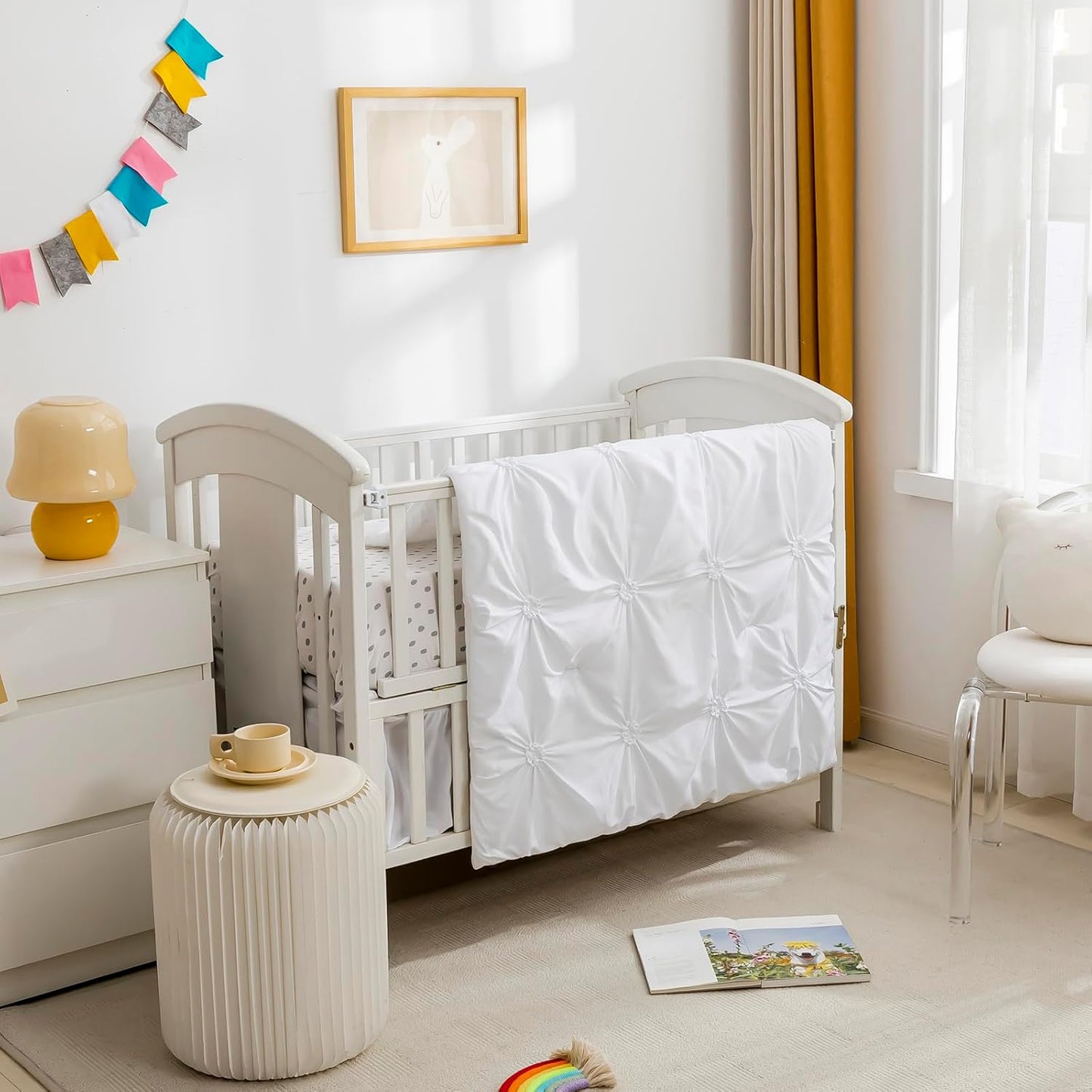 PINNKKU 3-Piece Crib Bedding Set for Boy Girls, Includes Crib Skirt, Blanket and Sheet, Baby Bedding, Pintuck Pinch Pleat White