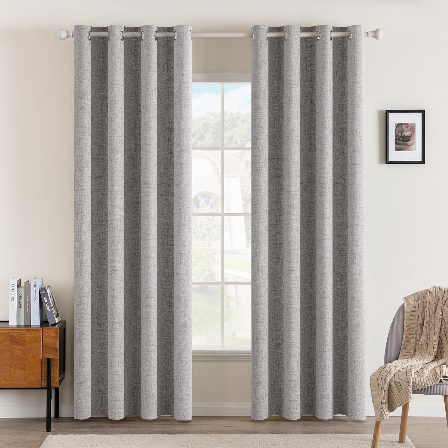 MIULEE Linen Texture Curtains for Bedroom Solid 100% Blackout Thermal Insulated Greyish White Curtains Grommet Room Darkening Drapes for Living Room Nursery 52x108 Inch (2 Panels)