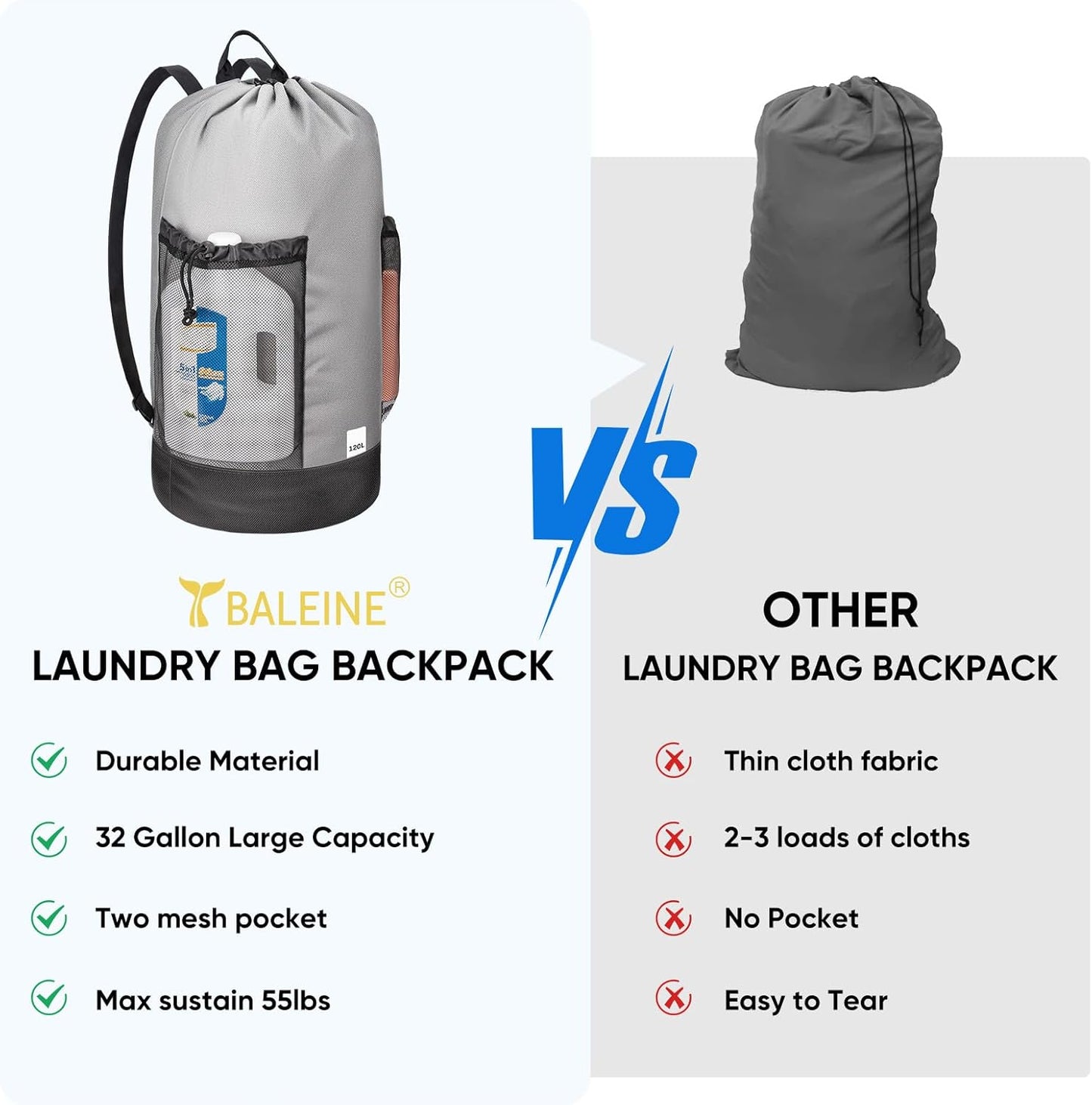 BALEINE 150L Laundry Bag Backpack, 900D Oxford Fabric Large Travel Laundry Bags with Shoulder Straps and 2 Mesh Pockets for College Dorm, Apartment, Laundromat (Grey, 150L)