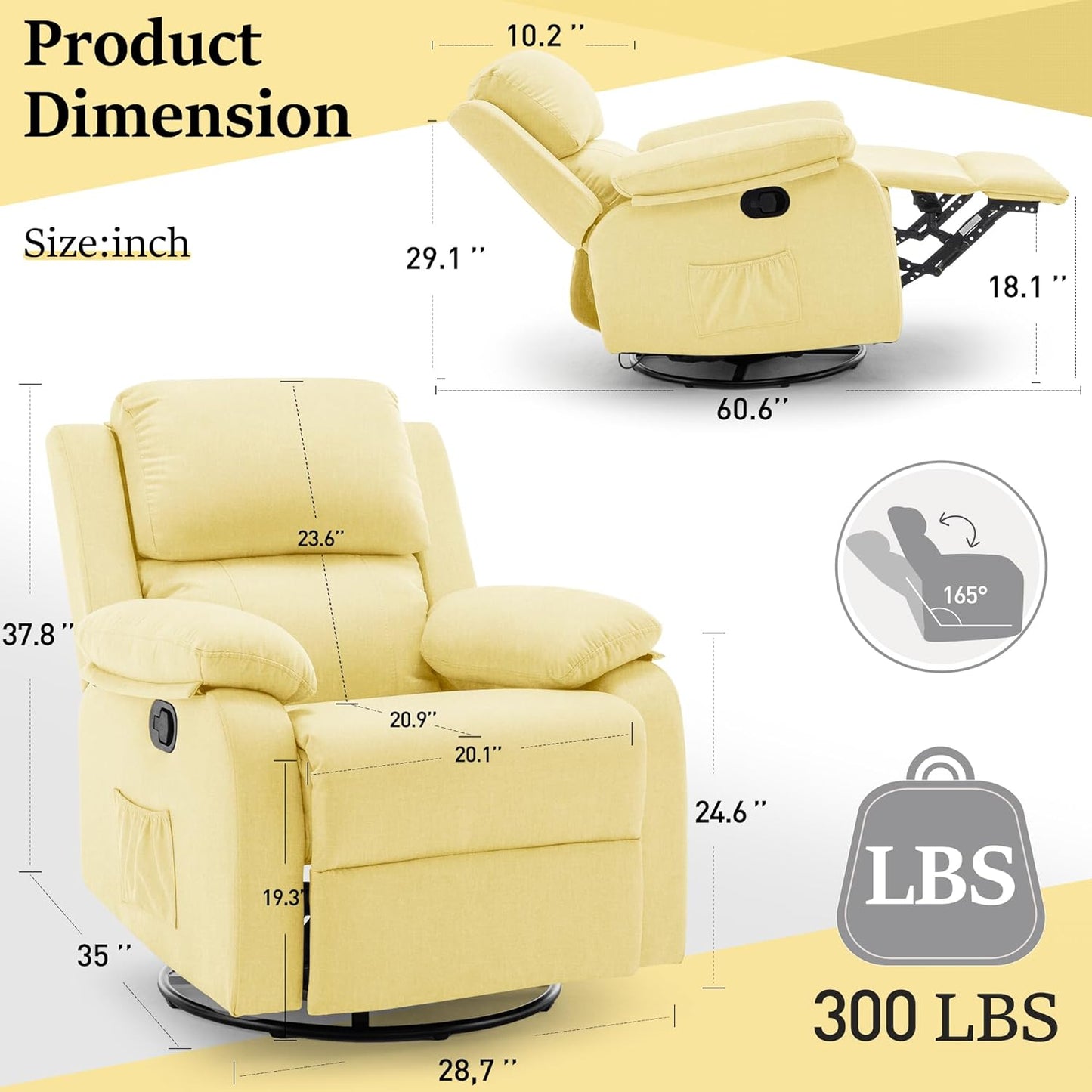 Recliner Chair, 360 Swivel Rocker Chair for Adults, Small Rocking Recliner for Small Spaces, Upholstered Fabric Glider Recliner Nursery Chair with Side Pockets for Living Room, Nursery