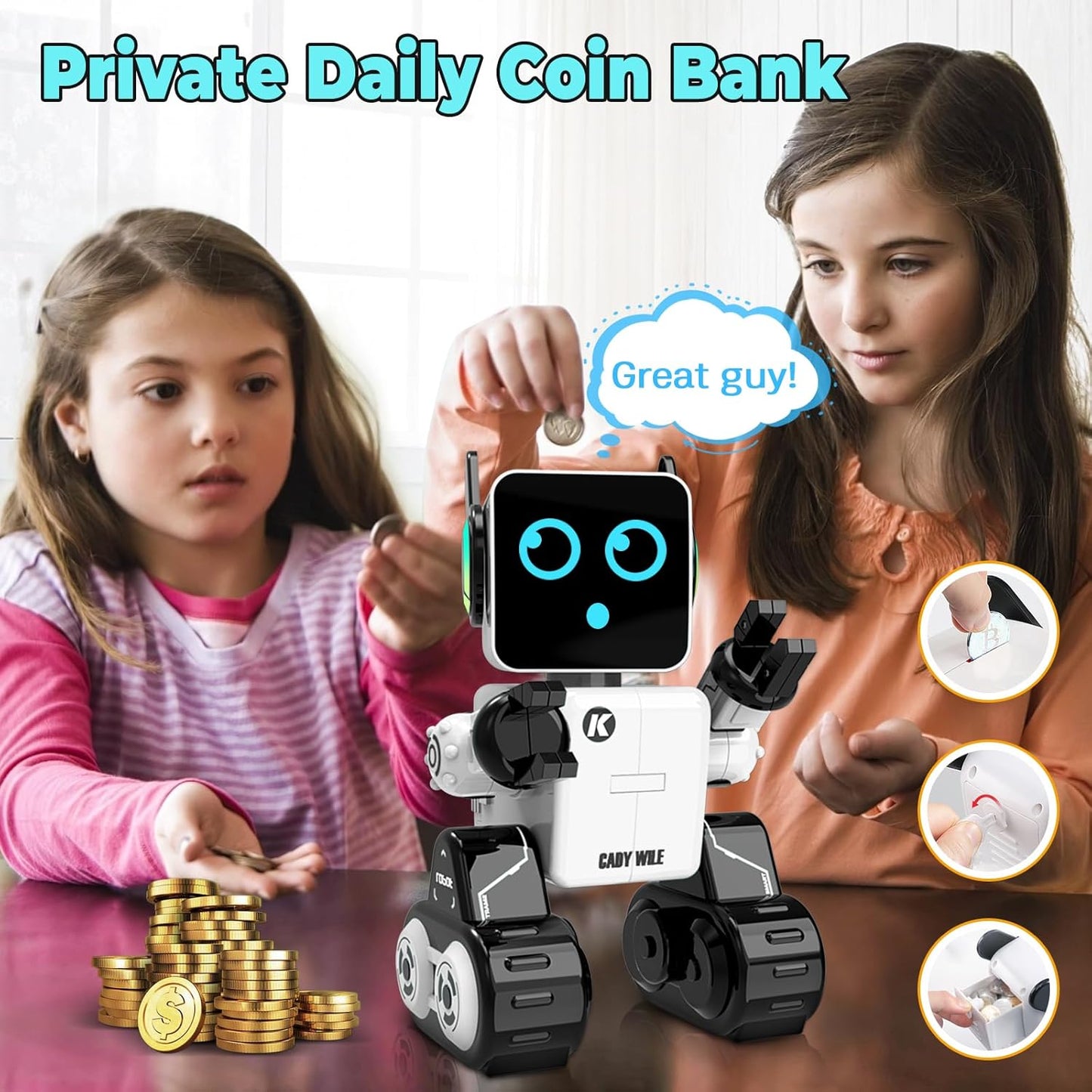 okk Robot Toys for Kids, Programmable Remote Control Robot, Interactive Toys with Coin Bank, LED and Tray, Walking Talking Singing Dancing Gift for Boys Girl（White）