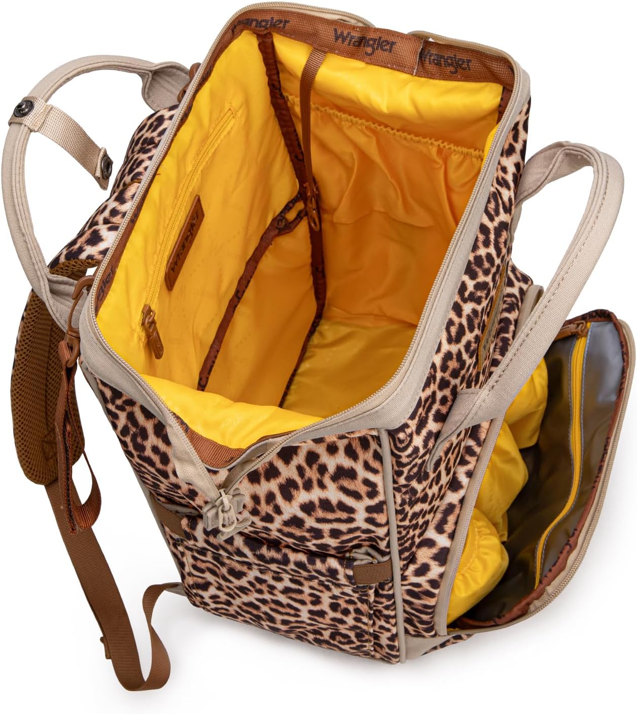 Wrangler Leopard Print Backpack Multifunction Baby Travel Bag with Changing Pad, Stroller Straps and Pacifier Case WG2204-91103LP-BR