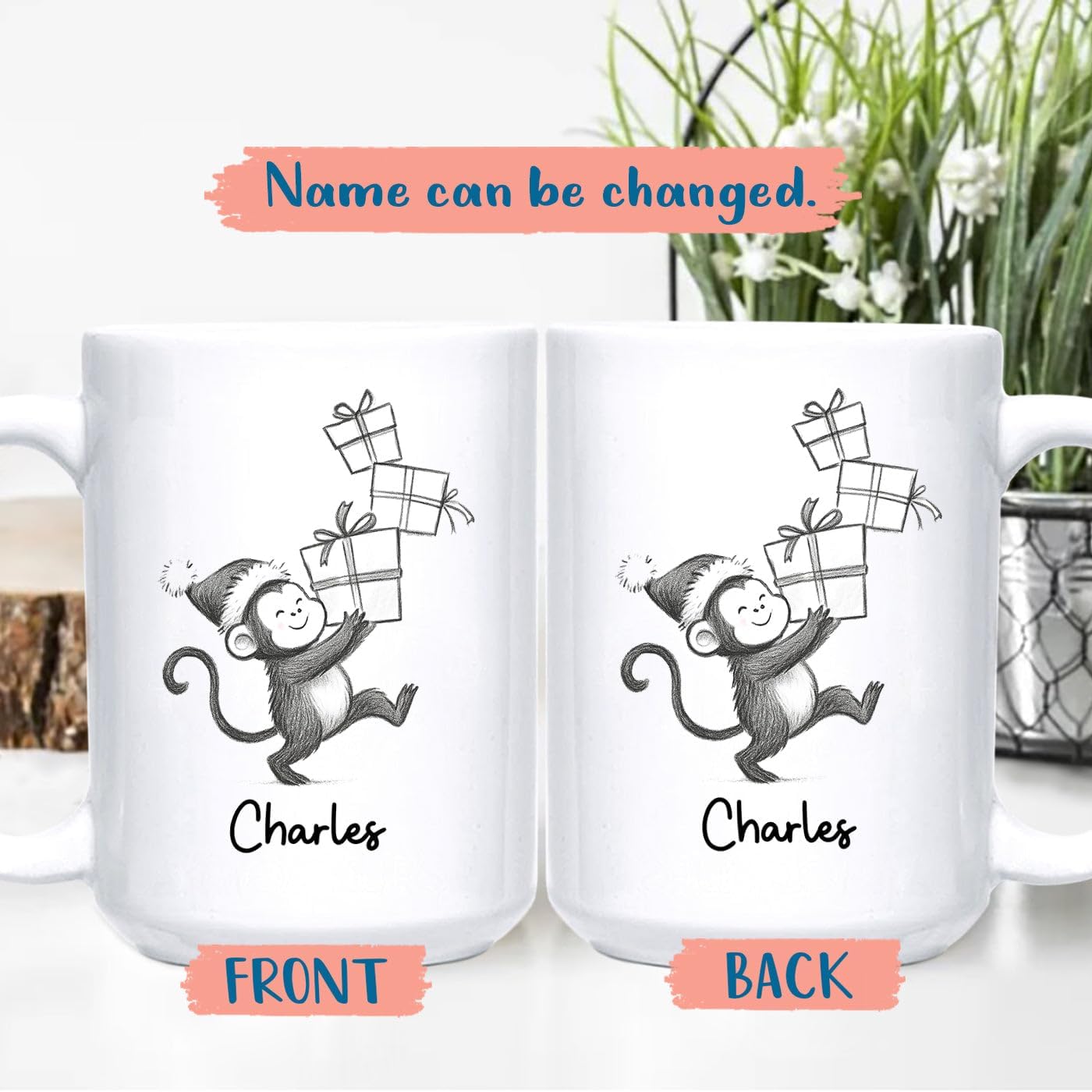 Personalized Monkey Accent Coffee Mug Gift For Dad Mom Daughter Son, Monkey Ceramic Coffee Cup 11Oz 15Oz, Customized Name Monkeys Teacup Gift For Birthday Christmas, Monkeys Lover White Travel Mug