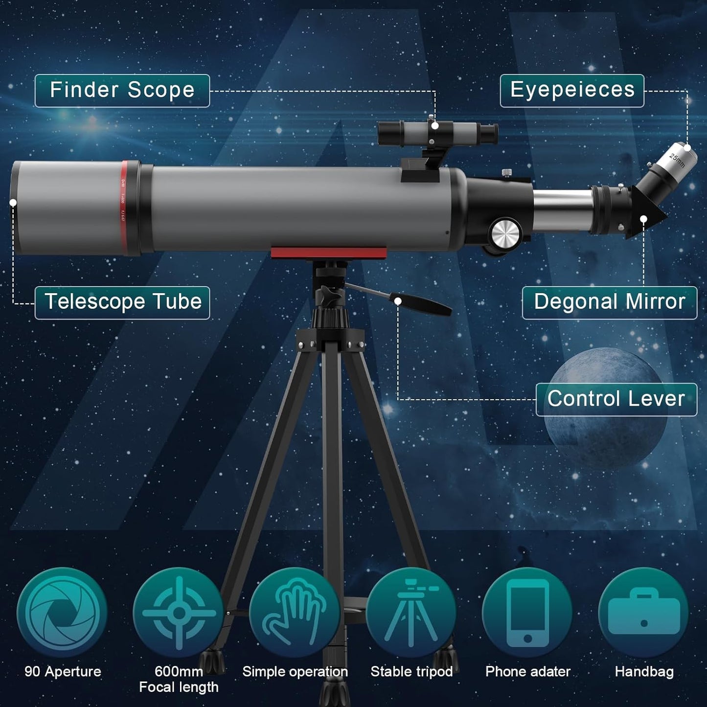 Aurosports Telescope for Adults High Powered - 90mm Aperture 600mm Refractor Telescope for Kids & Beginners -Portable Travel Telescope with Phone Adapter Tripod Wireless Remote & Carry Bag