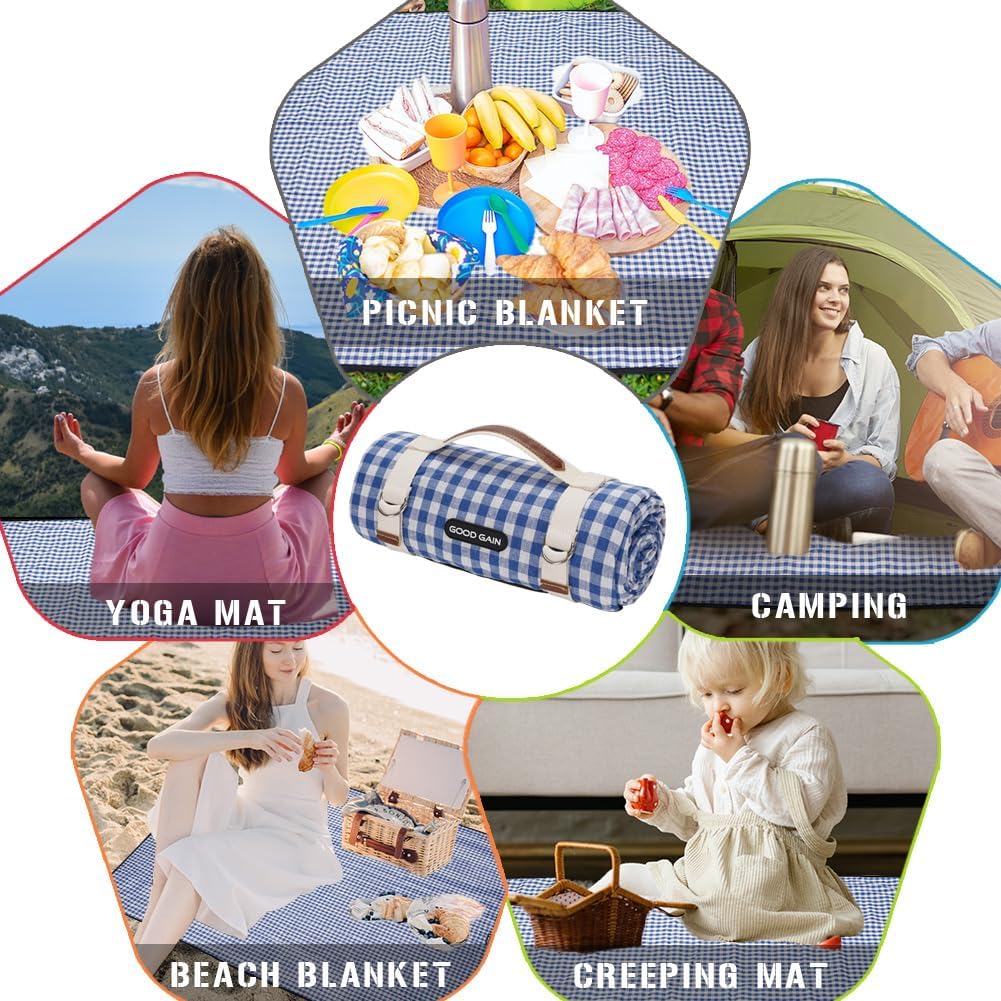 G GOOD GAIN Picnic Outdoor Blankets Waterproof Large - Beach Mat Sand Free Foldable with Carry Strap | Portable Camping Blanket | Park Blanket for Grass Park, Hiking, Travel, Concerts, Indoor (Blue)