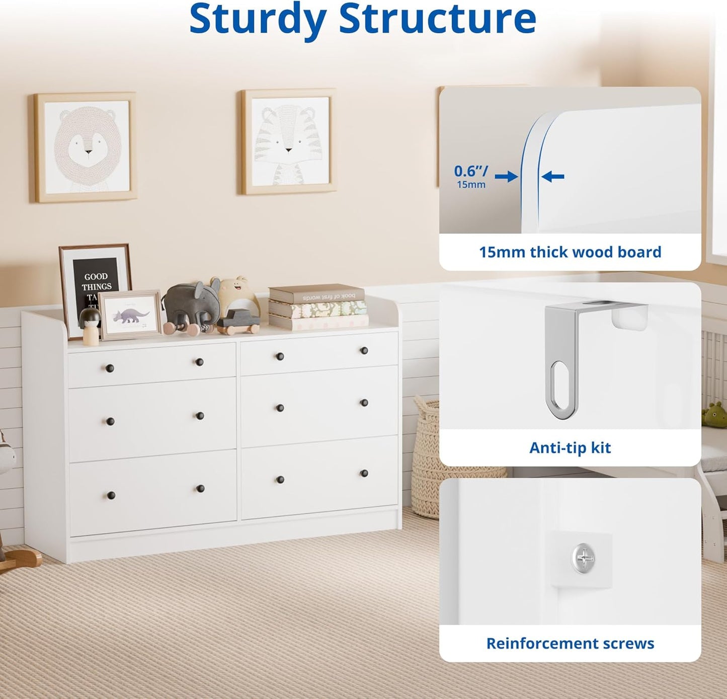 Cozy Castle Baby Dresser with 6 Drawers and Large Table Top, Multi-Functional Chest of Drawer, Drawer Dresser with Three-Sided High Rails for Nursery, Children's Room, Bedroom, White