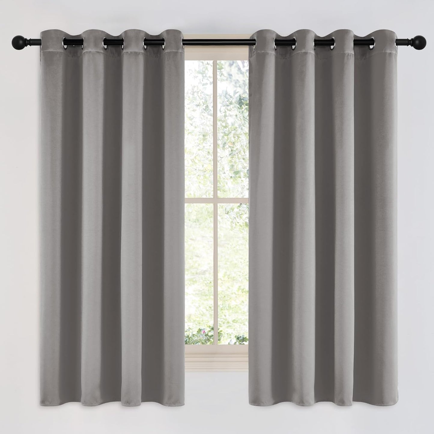 NICETOWN Chrome Gray Bedroom Curtains 63 inch Length 2 Panels, Grommet Window Treatment Thermal Insulated Solid Faux Silk Room Darkening Drapes for Kids Room, W52 x L63