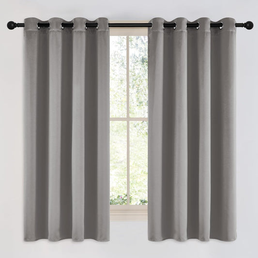 NICETOWN Chrome Gray Bedroom Curtains 63 inch Length 2 Panels, Grommet Window Treatment Thermal Insulated Solid Faux Silk Room Darkening Drapes for Kids Room, W52 x L63