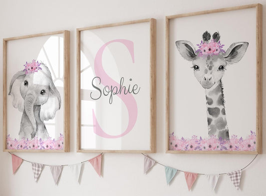 Safari Animals Girls Nursery Bedroom Unframed Set of 3 Poster Prints, Personalized Name Pink or Purple Flowers Wall Art Decor New Baby Gift Present, Elephant Giraffe Panda Zebra Lion (8x10)