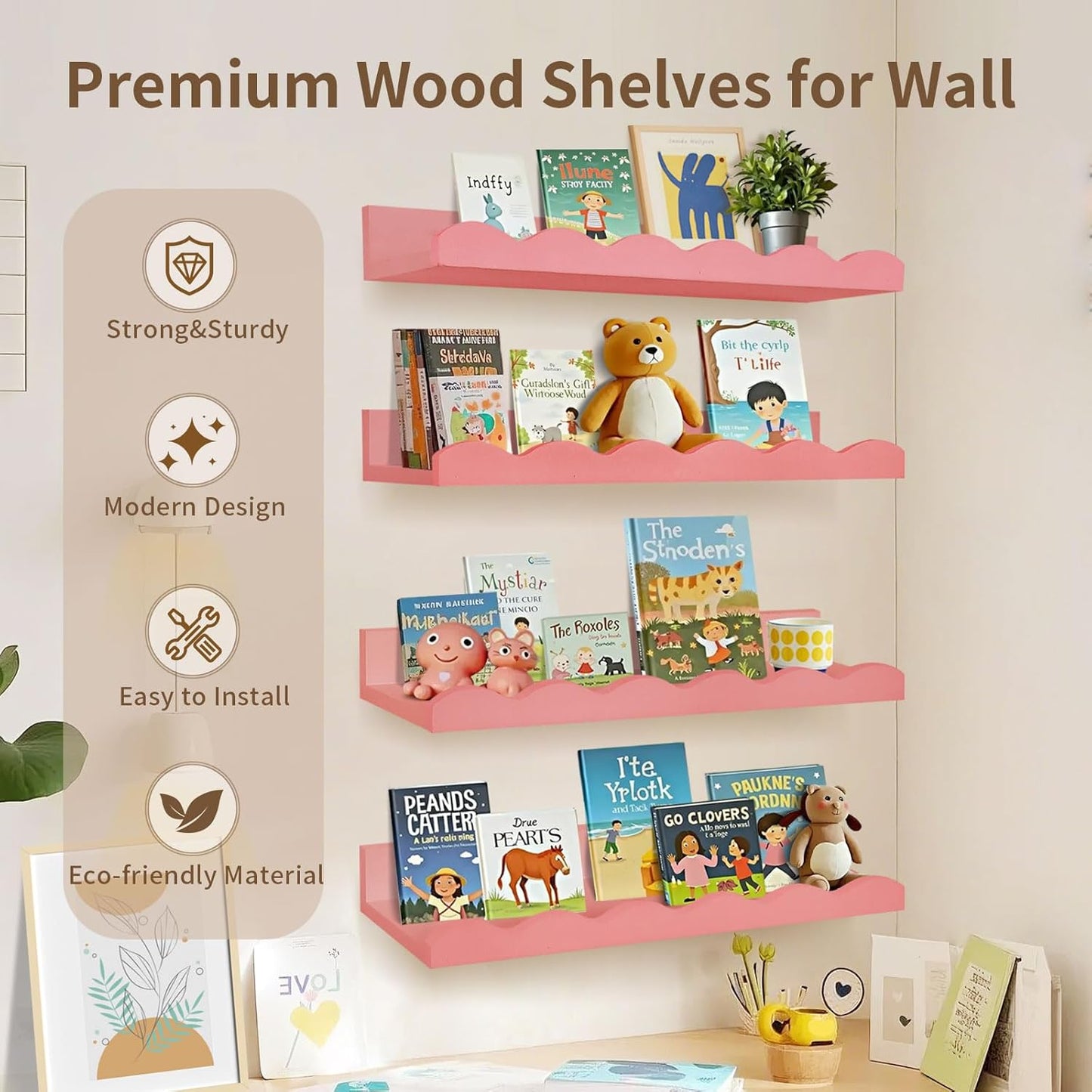Nursery Book Shelves, 4 Pack Pink Floating Shelves for Wall, Wood Scalloped Shelves for Storage Books, Wall Book Shelf for Kids Rooms, Bedroom, Toddler Room, Baby Room, Nursery Decor