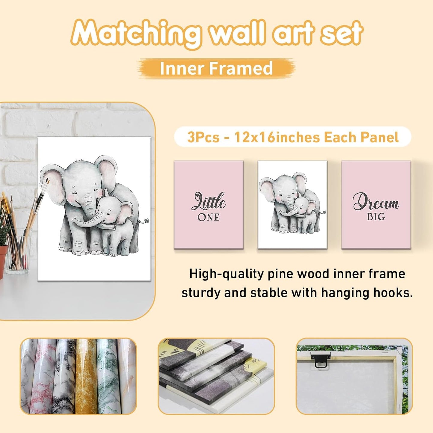 Personalized Baby Bedding Set, 5 Pcs Custom Baby Crib Sets with Name, Toddler Bedding Set for Baby Girls, Pink Elephants Double Layer Nursery Bedding Set, Customized Gifts for Infants Kids