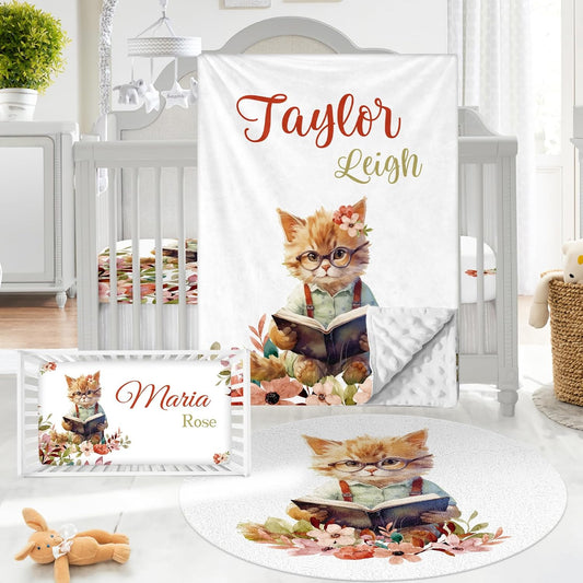 Personalized Baby Crib Bedding Set - Custom Name Cat Theme 3 Pcs Set - Soft Blanket with Double Layer Dotted Backing, Fitted Sheet, Room Rug for Newborns Boys Girls Shower Gift
