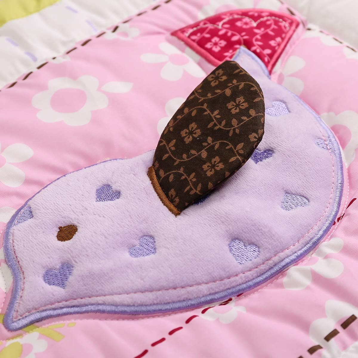 Brandream Crib Bedding Set 3 Pieces Purple Baby Girls Cotton Patchwork Flowers Elephant Owl Nursery with Ruffle Design, Princess Lovely Cute Breathable Healthy