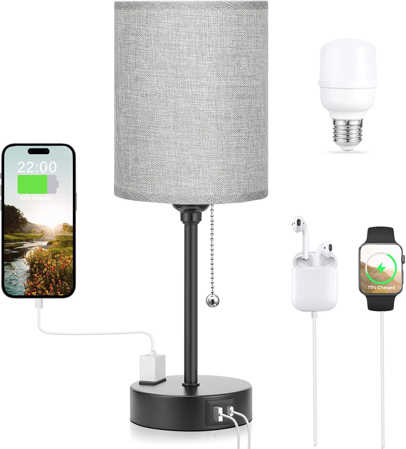 Grey Nightstand Lamps 3 Color Temperatures - 2700K 3500K 5000K Bedside Lamps with USB C and A Ports, Pull Chain Table Lamps with AC Outlet, Small Lamps with Black Metal Base for Sleeping Reading