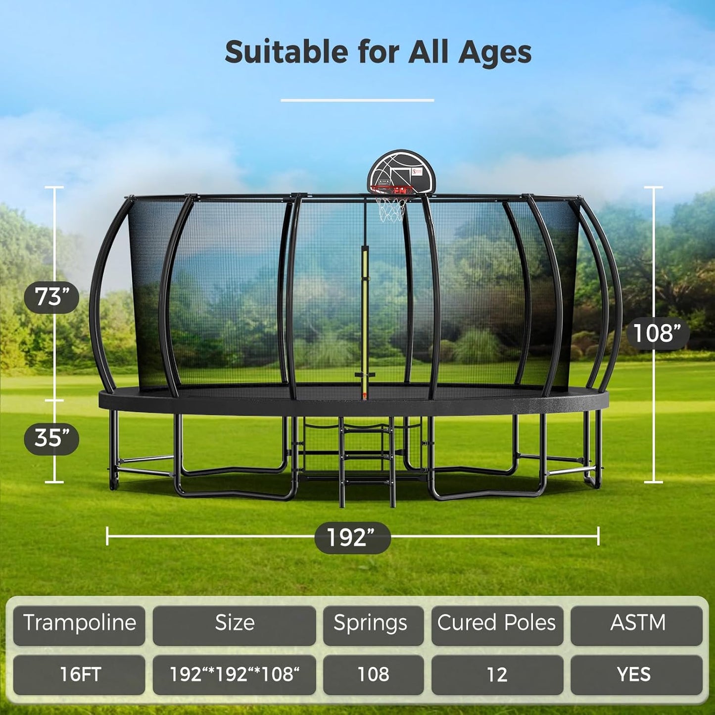 Tatub Large Trampolines Outdoor 10 12 14 15 16FT for Kids and Adults,Outdoor Recreational Pumpkin Trampolines with Curved Poles and Safety Enclosure Net, Basketball Hoop, Ladder