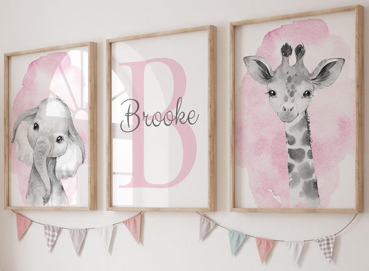 Safari Animals Set of 3 Unframed Poster Prints for Baby Girls Nursery Bedroom Playroom, Personalized Name, Choice of 12 Animals, Pink Purple (17x22)