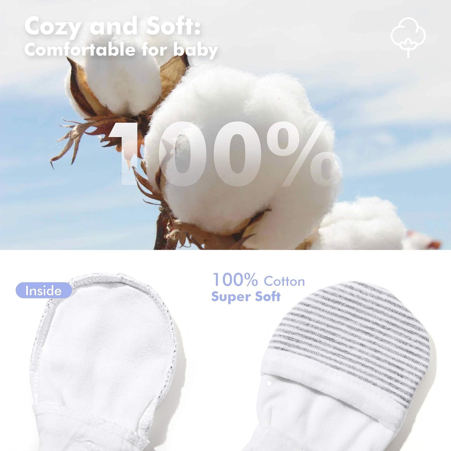 HAPIU Baby No Scratch Mittens Stay On, 100% Cotton Breathable, Adjustable Infant Gloves for Boys Girls, Newborn - 12 M