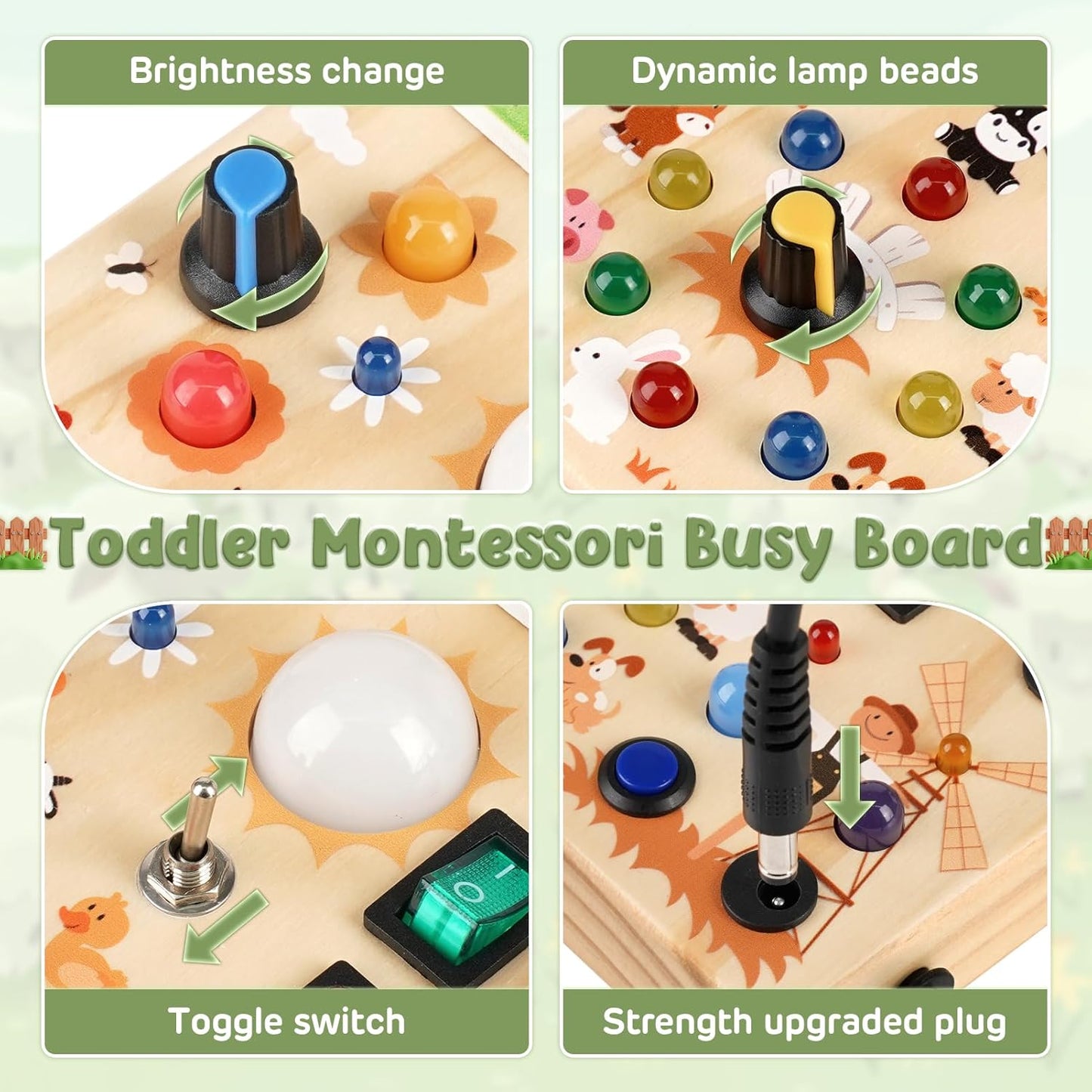 Joyreal Montessori Busy Board Wooden Sensory Toys for Toddler with LED Light Up Switch, Baby Fidget Board Travel Toys for 18+ Months, 1 2 3 Year Old Boys Girls Toddler Toy Gifts (Farm)